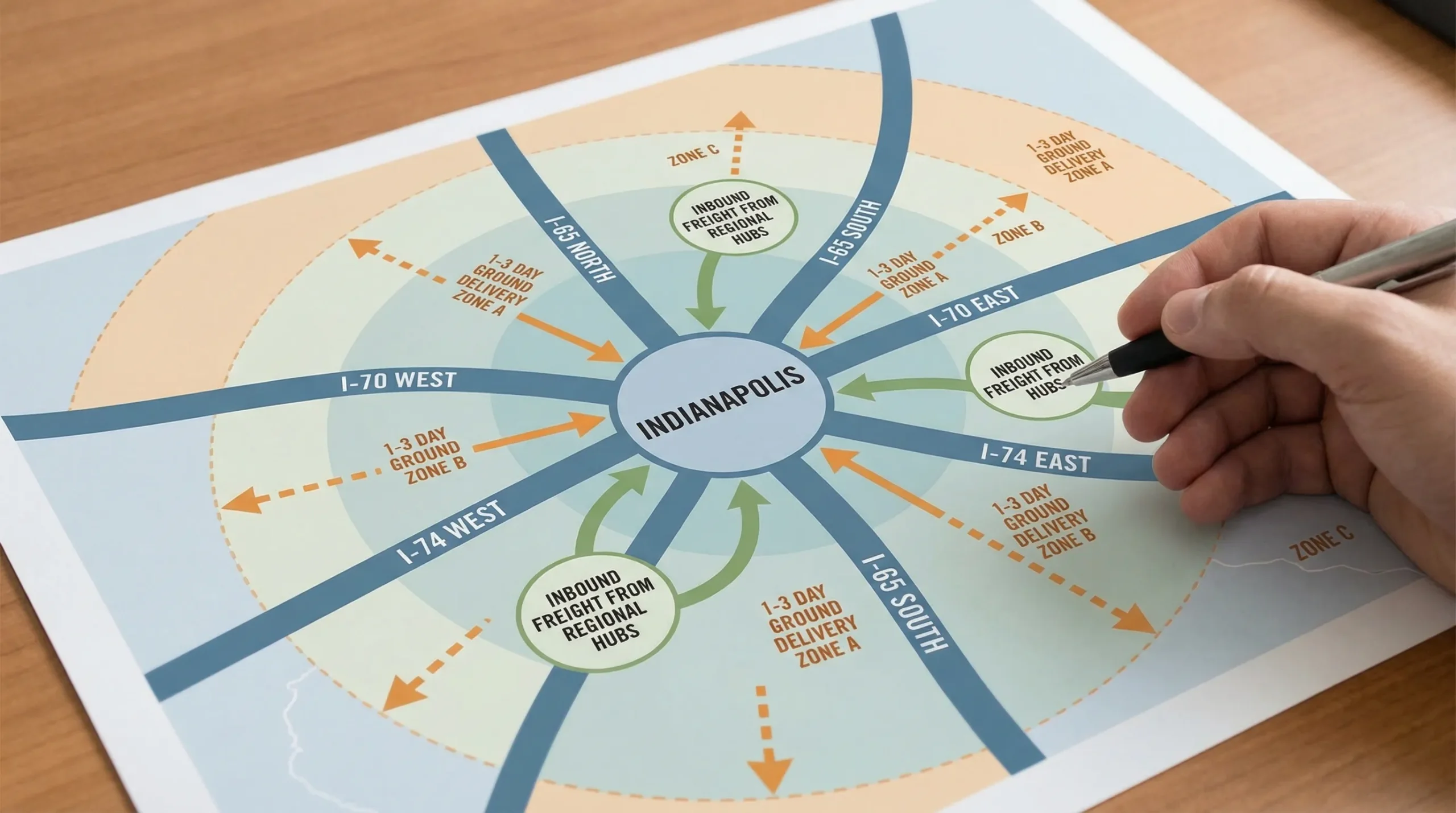A simple map diagram showing Indianapolis centered with labeled highway spokes I-65, I-70, and I-74, plus arrows indicating inbound freight from regional hubs and outbound shipping zones for 1 to 3 day ground delivery.