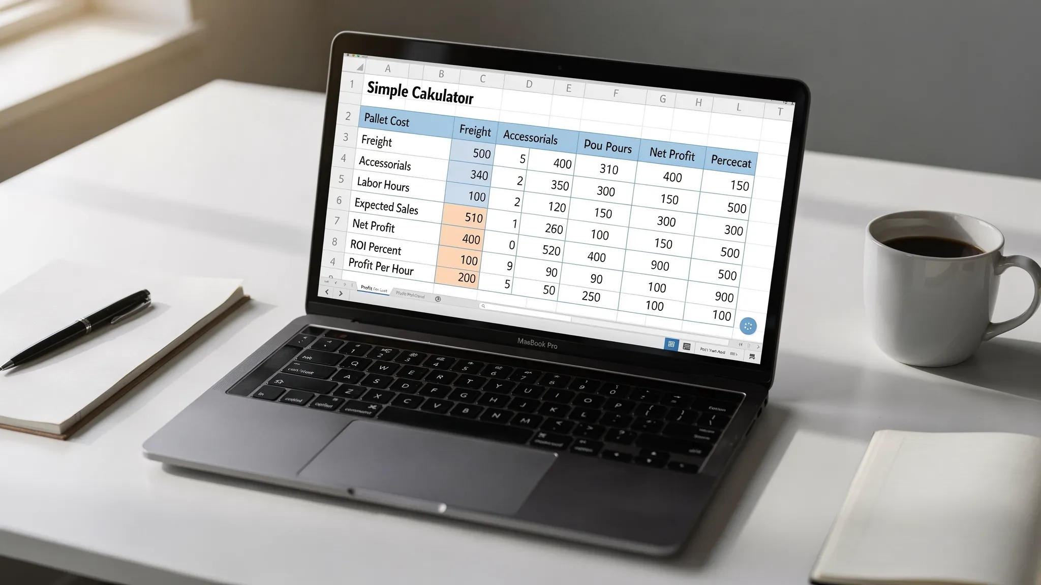 A simple ROI calculator spreadsheet on a desk showing rows for pallet cost, freight, accessorials, labor hours, expected sales, net profit, ROI percent, and profit per hour.