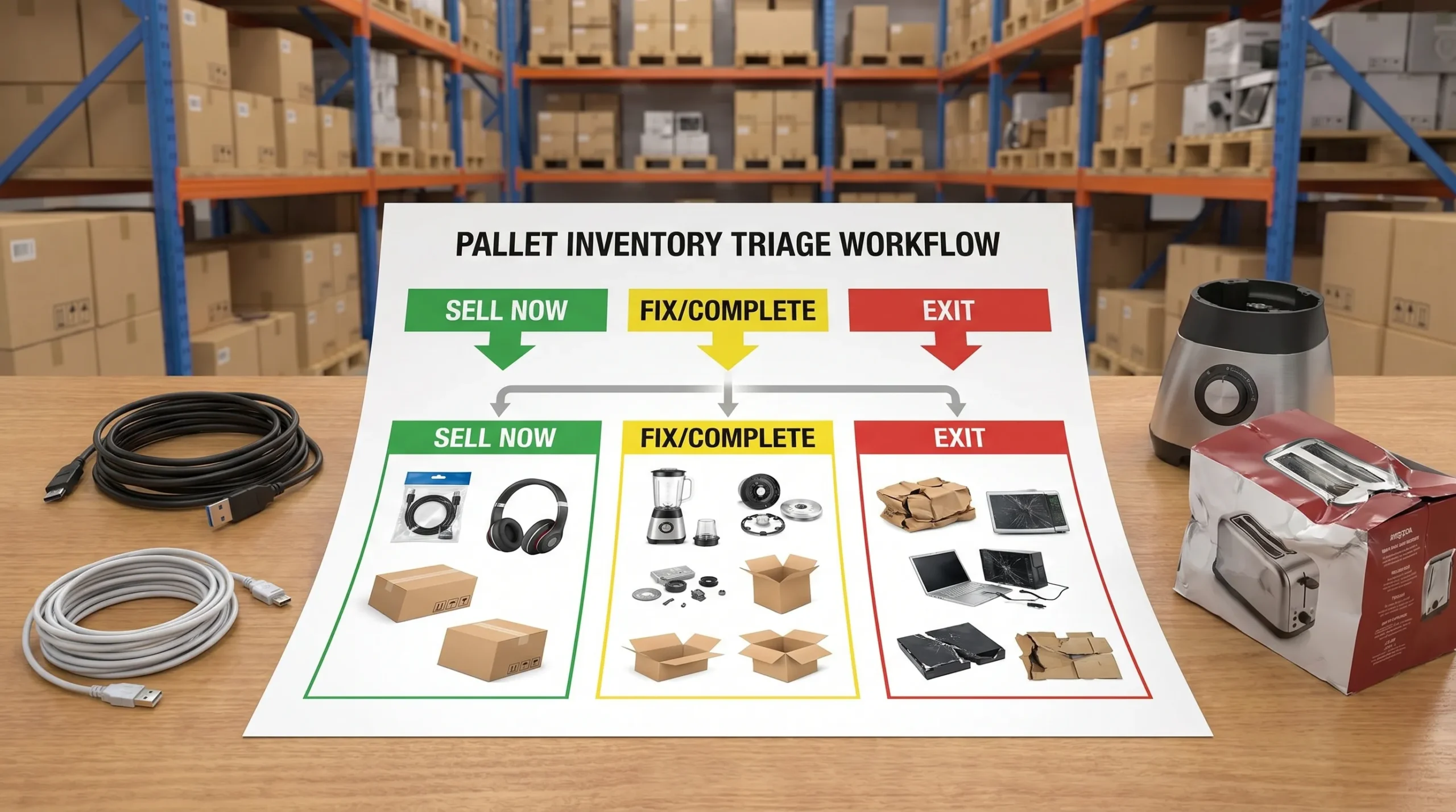 A simple table-style diagram showing a 3-lane triage workflow for pallet inventory: “Sell Now,” “Fix/Complete,” and “Exit,” with example items in each lane like cables, small appliances missing parts, and damaged packaging goods.
