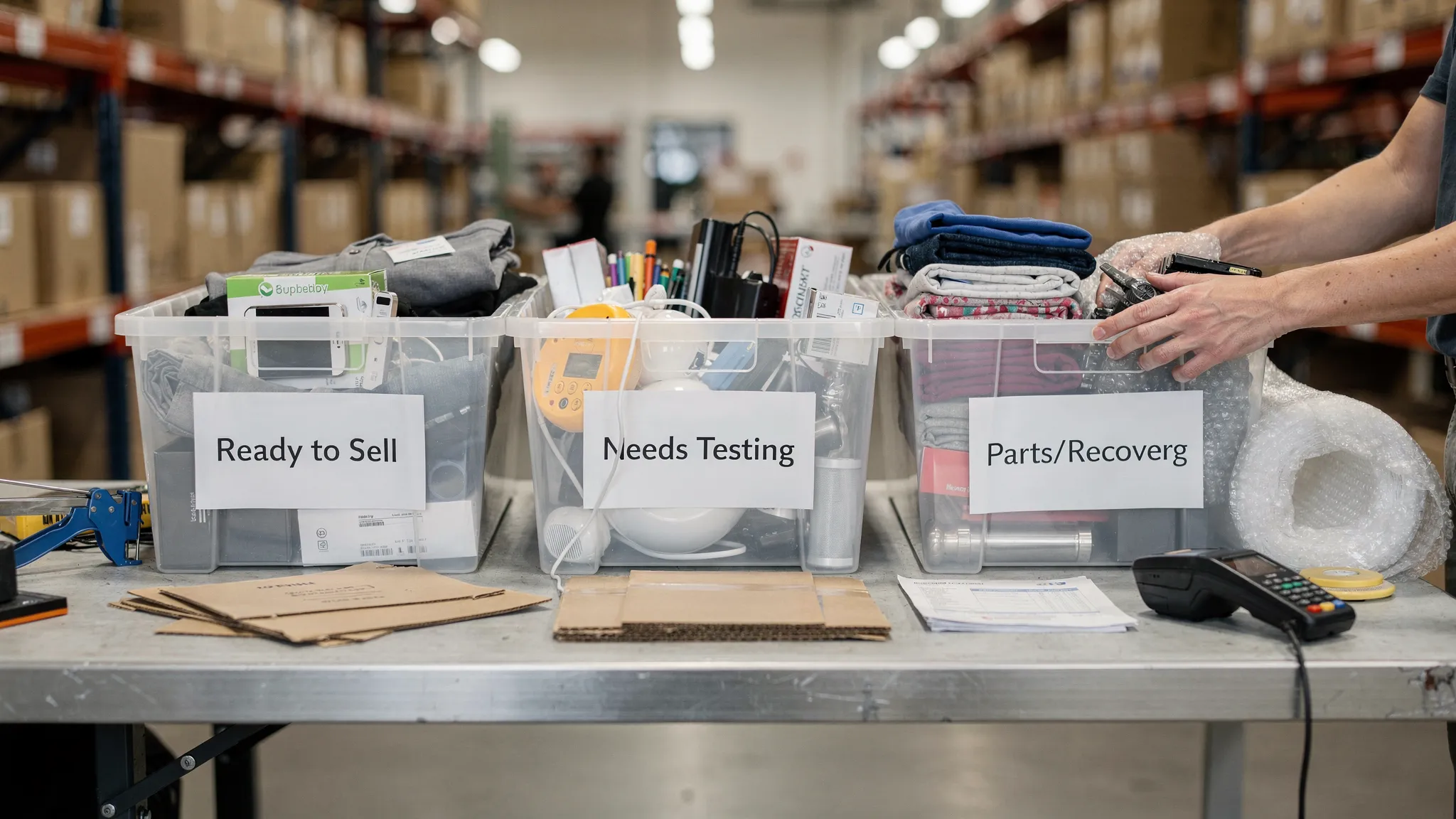A simple three-bin warehouse triage setup labeled “Ready to Sell,” “Needs Testing,” and “Parts/Recovery,” with assorted returned goods on a worktable and shipping supplies nearby.