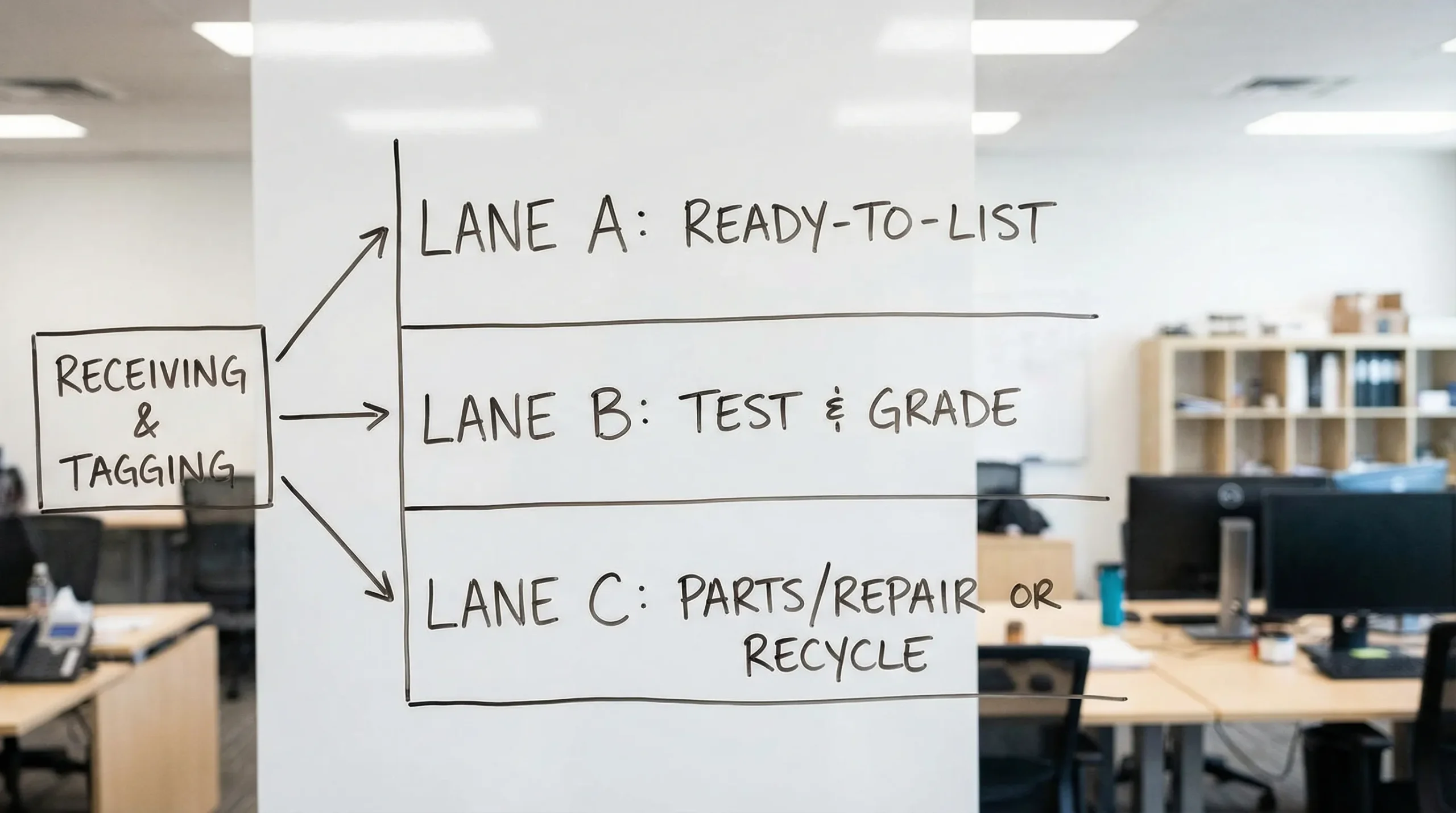 A simple three-lane workflow diagram showing “Lane A: Ready-to-list,” “Lane B: Test & grade,” and “Lane C: Parts/repair or recycle,” with arrows from receiving and tagging into each lane.