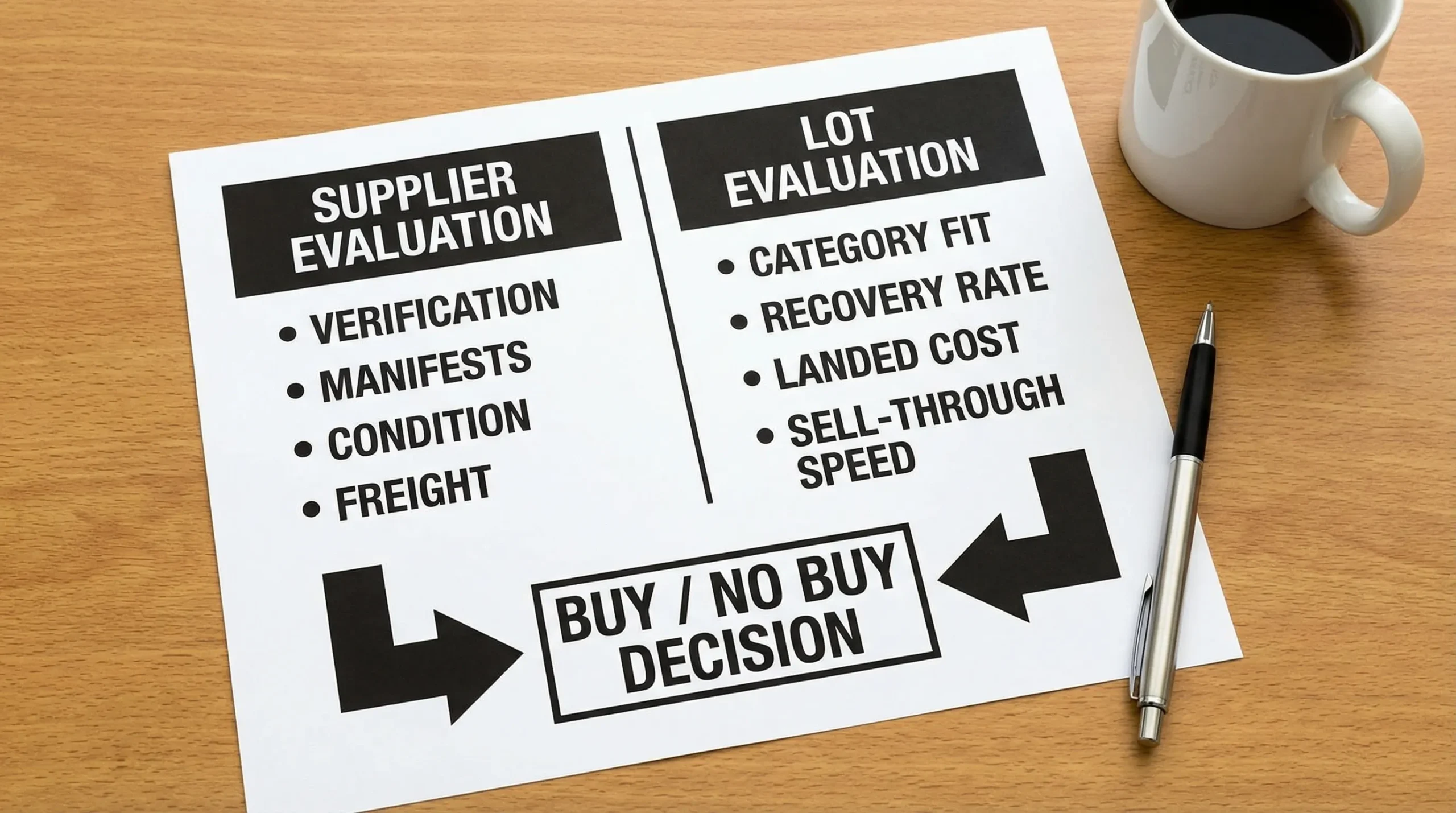 A simple two-column comparison graphic showing “Supplier Evaluation” on the left (verification, manifests, condition, freight) and “Lot Evaluation” on the right (category fit, recovery rate, landed cost, sell-through speed), with arrows leading to a final “Buy / No Buy” decision.