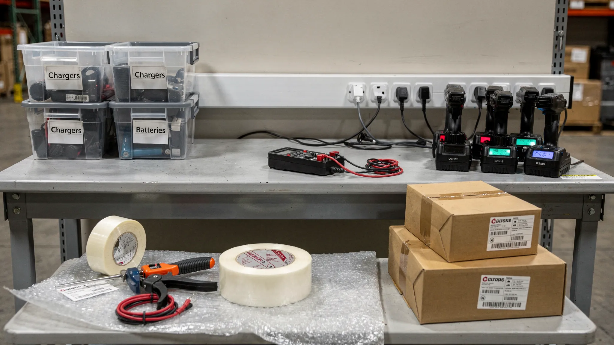 A simple warehouse workbench setup for processing tool liquidation pallets, showing a sturdy table, good lighting, labeled bins for chargers and batteries, a power strip, a battery charging station area, a basic multimeter, and shipping supplies for tagging and packing tested tools.
