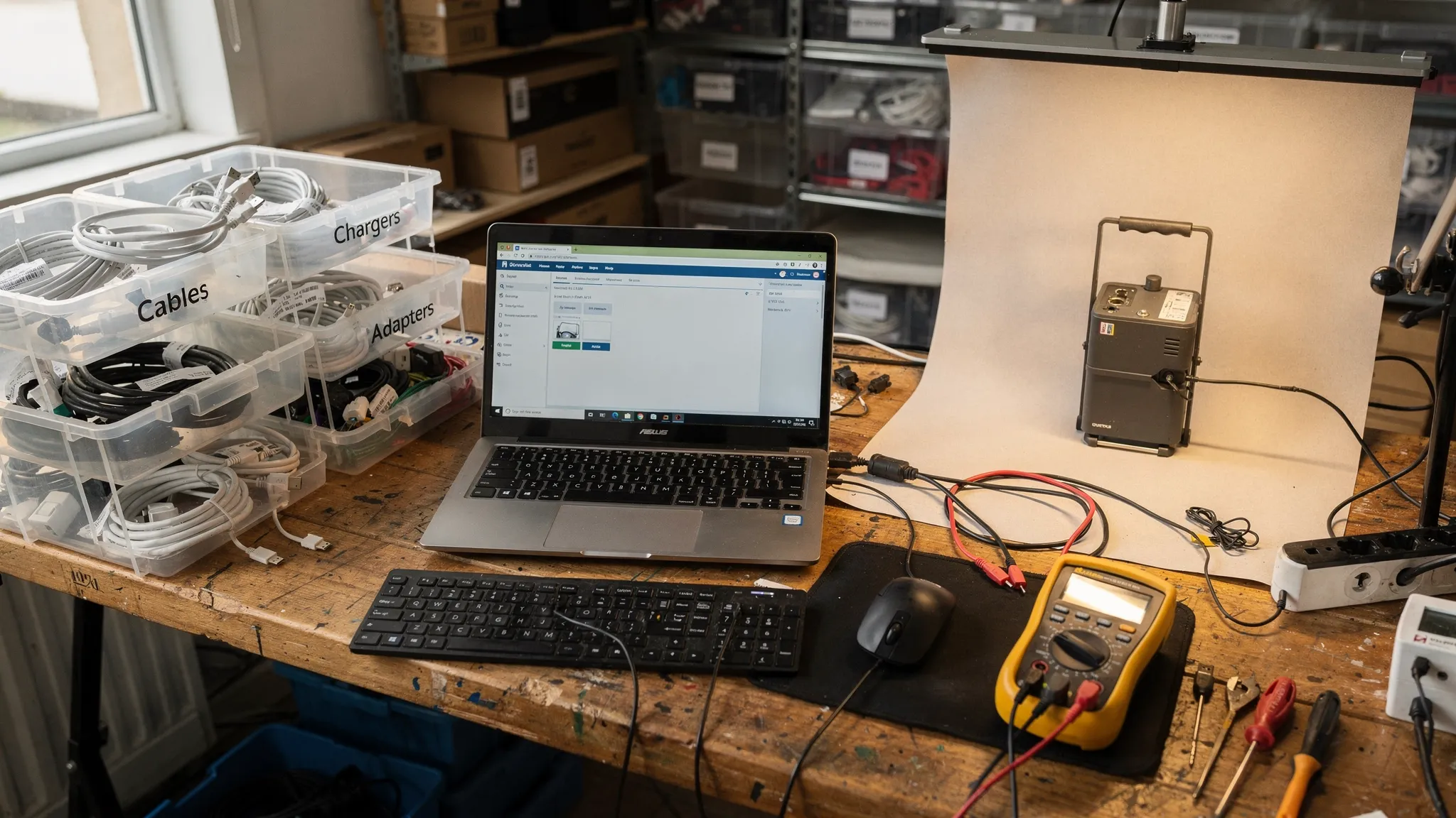 A small reseller electronics testing station on a workbench with labeled bins, universal charging cables, HDMI and Ethernet cables, a multimeter, a keyboard and mouse, and a photo backdrop area for documenting condition.