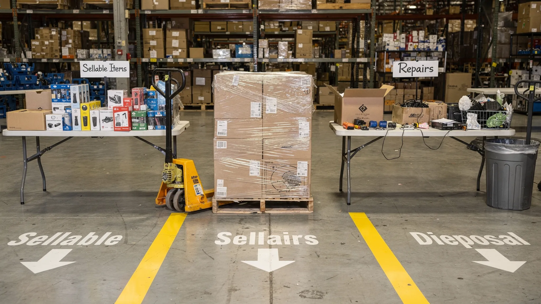 A small warehouse receiving area with a shrink-wrapped liquidation pallet, a pallet jack, labeled sorting tables, and clearly marked zones for sellable items, repairs, and disposal.
