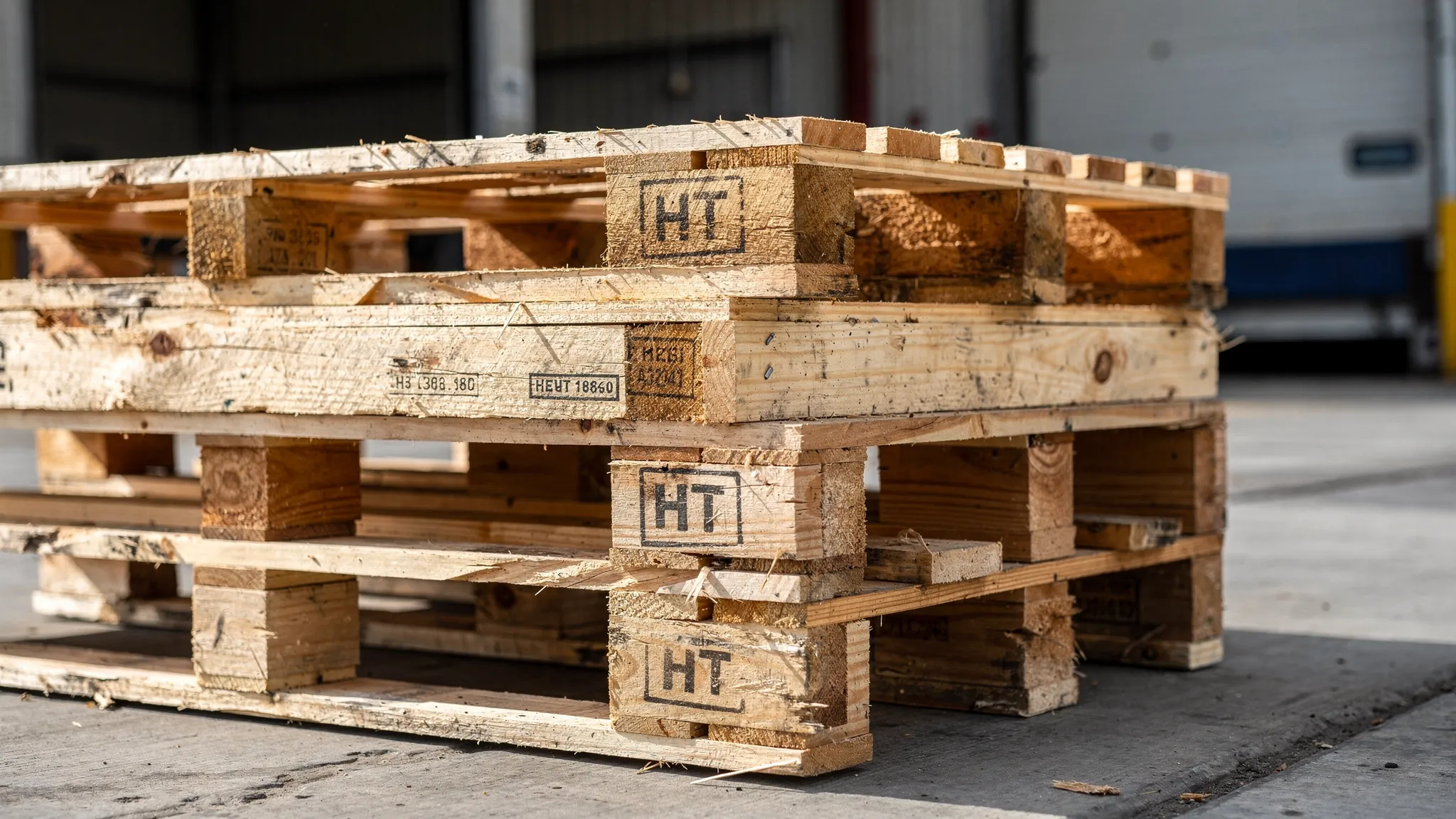 A stack of standard 48x40 wooden shipping pallets on a warehouse dock, with a close view of side stamps including an “HT” heat-treated marking and visible stringers and deck boards.