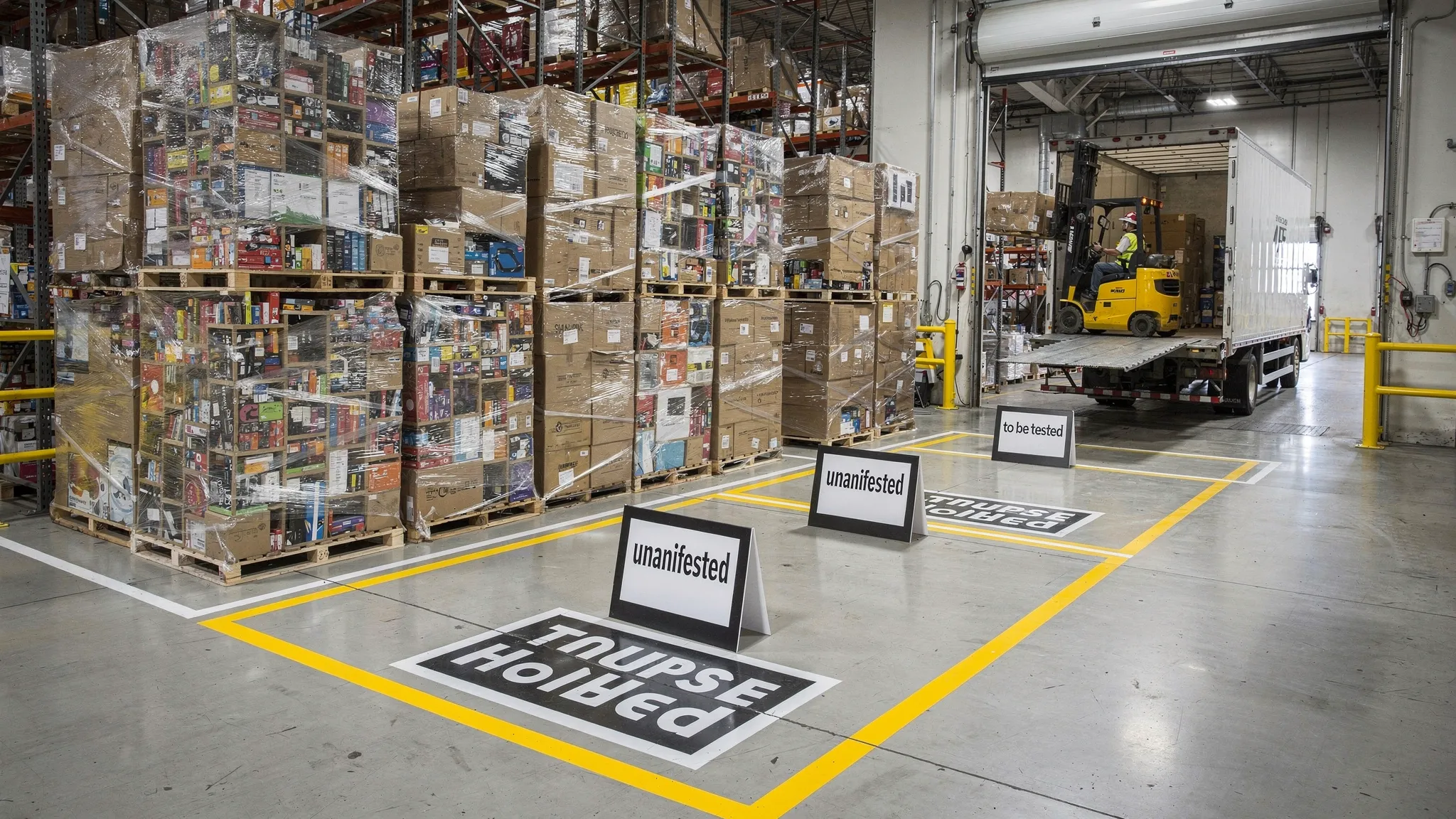 A warehouse receiving area in Indianapolis with stacked liquidation pallets on shrink wrap, a forklift unloading a freight truck at a dock door, and clearly labeled staging zones for “manifested,” “unmanifested,” and “to be tested” inventory.