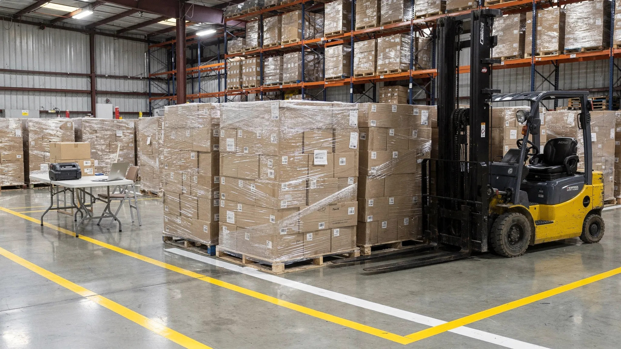 A warehouse scene in Indianapolis with multiple shrink-wrapped liquidation pallets staged in rows, a forklift nearby, and clear aisle markings showing a small reseller operation scaling up.