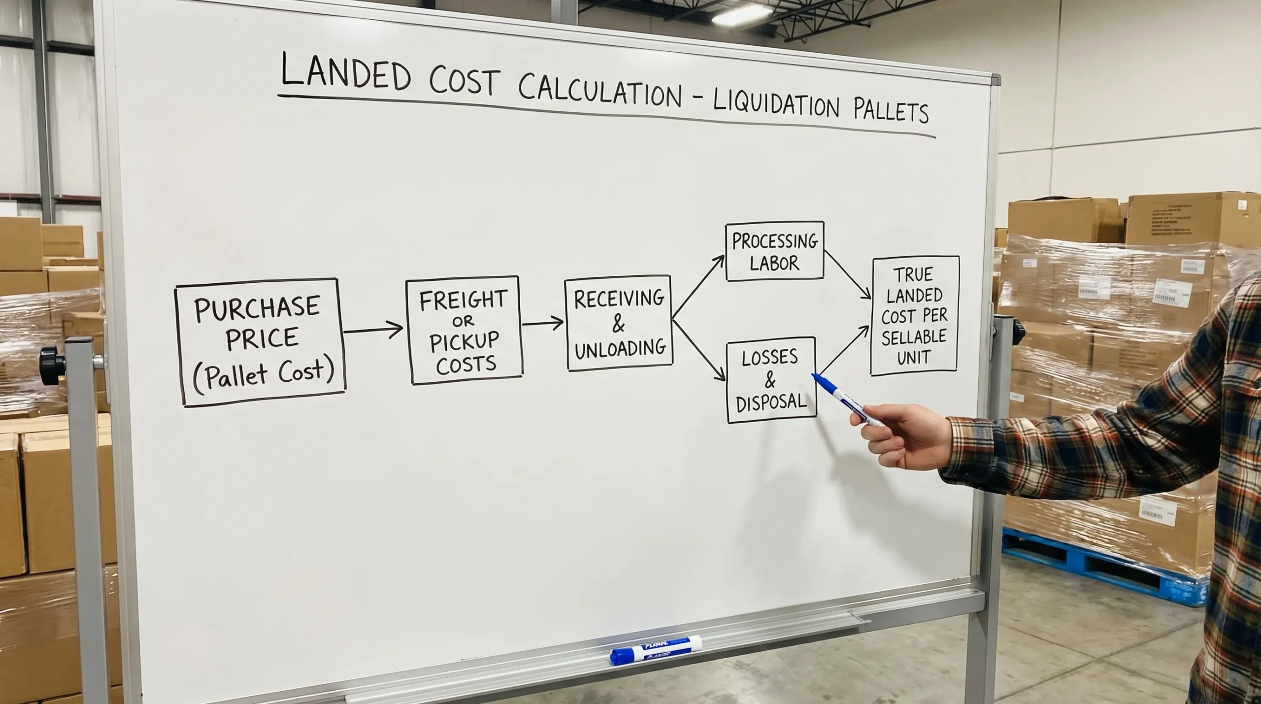 Simple flow diagram showing landed cost components for liquidation pallets: purchase price, freight or pickup costs, receiving and unloading, processing labor, losses and disposal, resulting in true landed cost per sellable unit.