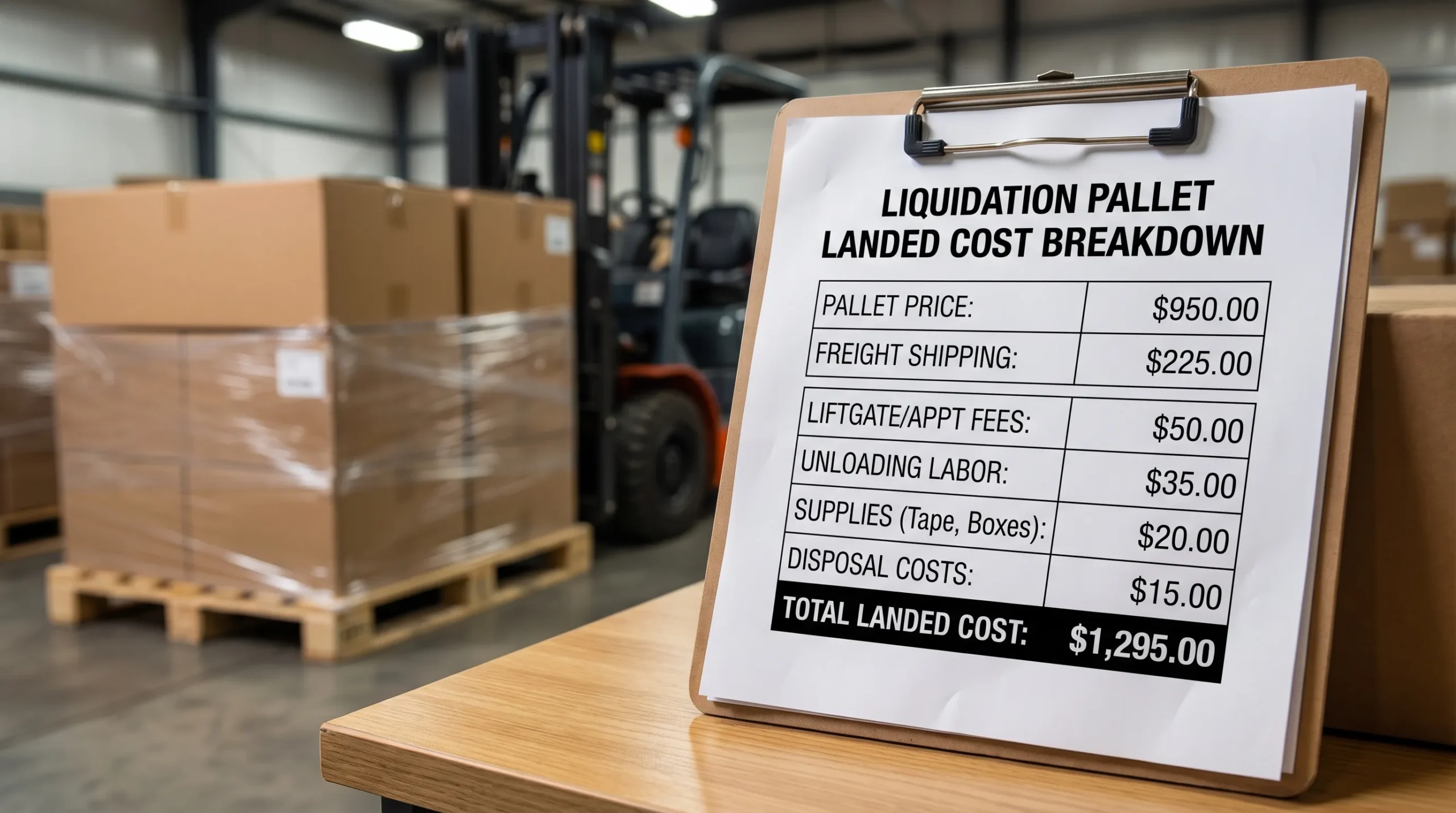 Simple landed cost breakdown for a liquidation pallet purchase, showing pallet price plus freight, liftgate/appointment fees, unloading labor, supplies, and disposal to equal total landed cost.